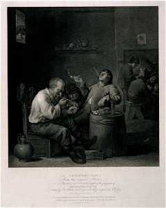 Three men sit smoking at a barrel-table in a dingy smoke-fil Wellcome V0019053