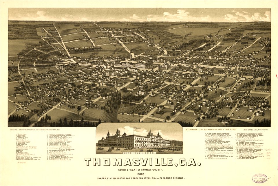 Thomasville, Ga. county-seat of Thomas-County 1885. Famous winter resort for northern invalids and pleasure seekers. LOC 75693198