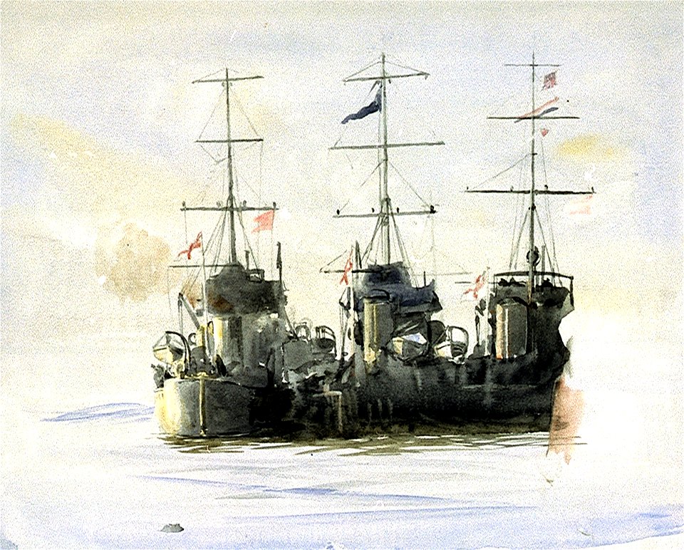 Three British destroyers moored alongside each other RMG PV3460