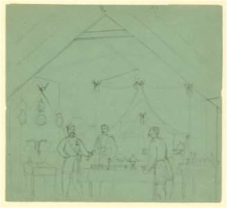 Three officers talking inside a tent LCCN2004661033