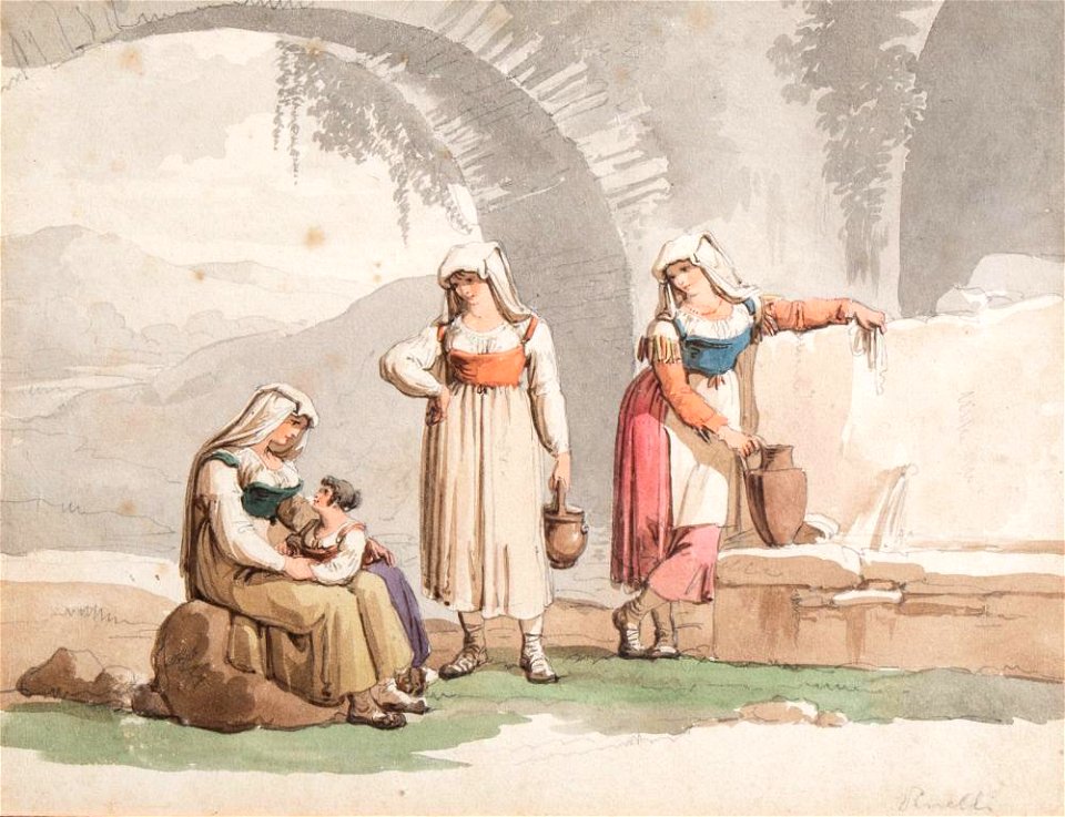 Three ciociare costumes, from the Papal States, taking water - Bartolomeo Pinelli