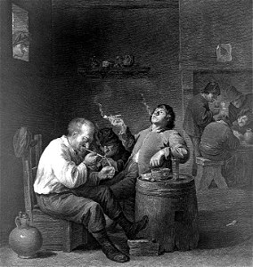 Three men sit smoking at a barrel-table in a dingy smoke-fil Wellcome L0020214