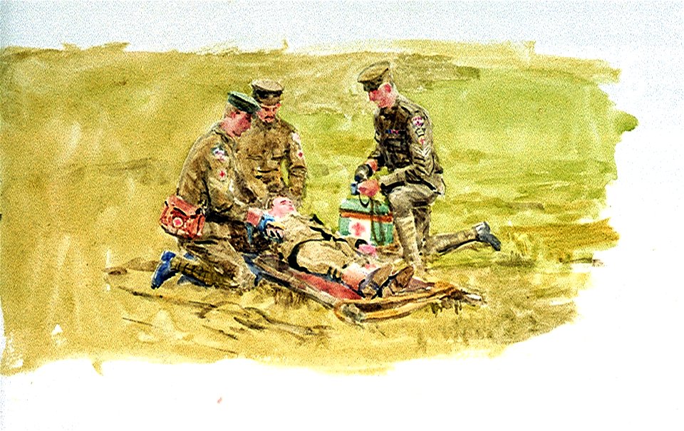 Three army medical personnel tending a figure on a stretcher, 1914-18 RMG PU9971