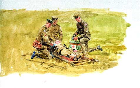 Three army medical personnel tending a figure on a stretcher, 1914-18 RMG PU9971