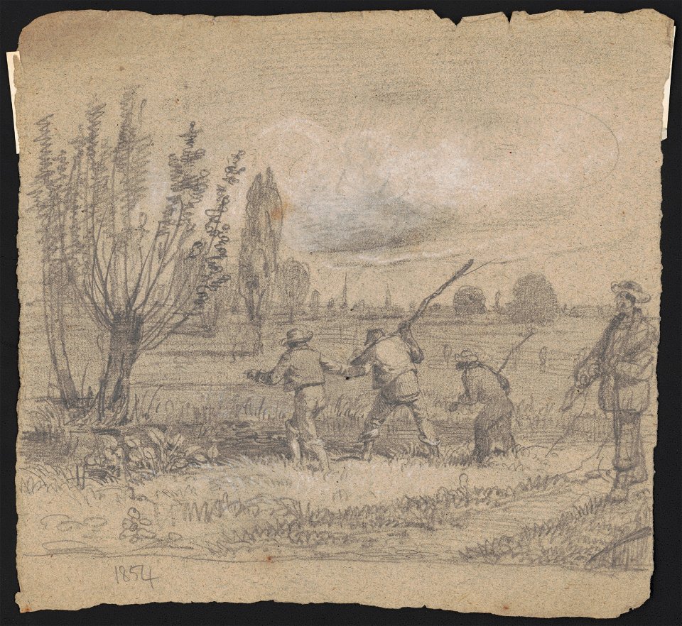 Three men standing at the edge of a pond LCCN2016648695