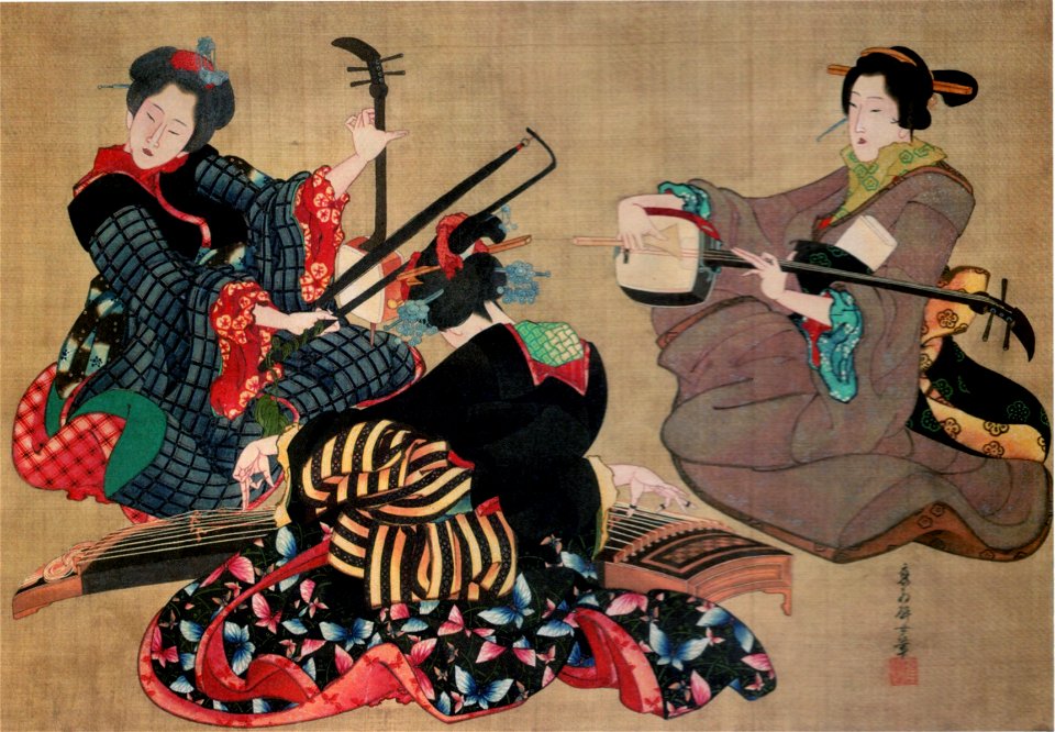Three Women Playing Musical Instruments