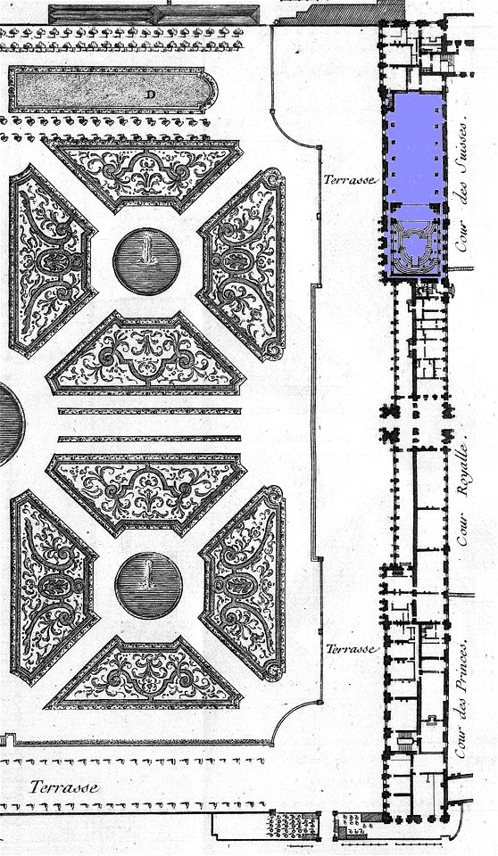 Théâtre des Tuileries on a general plan - Blondel tome4 (1756) livre6 plate20 (detail, modified) - KU