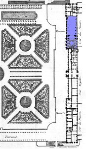 Théâtre des Tuileries on a general plan - Blondel tome4 (1756) livre6 plate20 (detail, modified) - KU