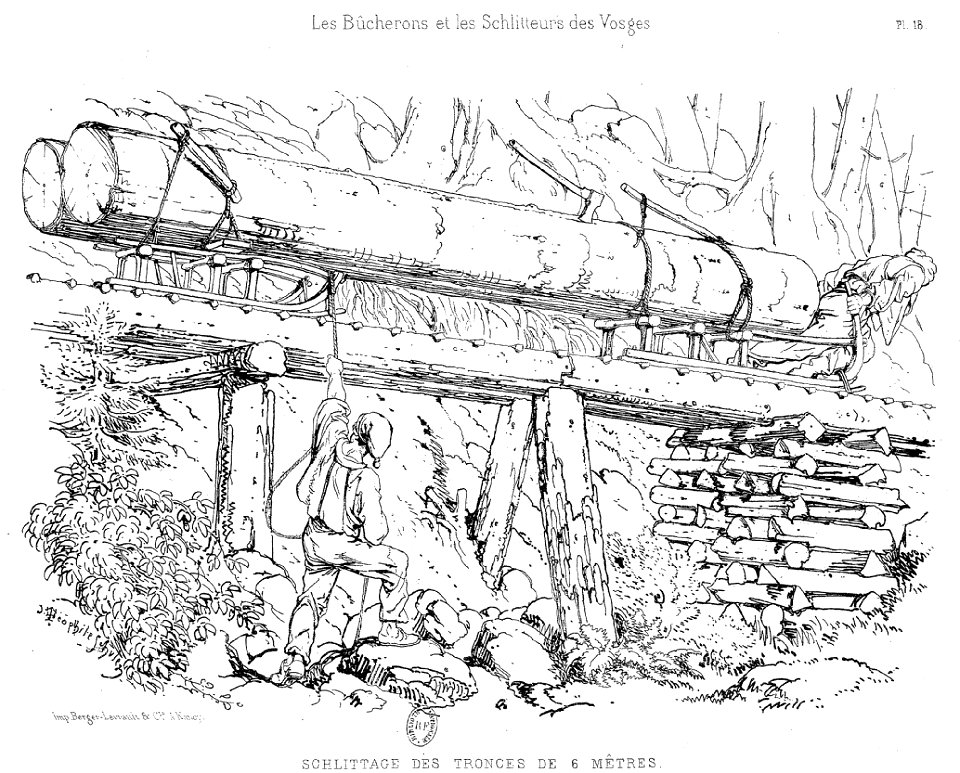 Théophile Schuler - Les bûcherons et les schlitteurs des Vosges - 1878 - schlittage des tronc de 6 mètres