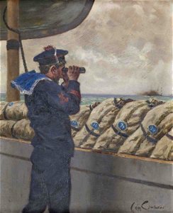 Timonier devant les hamacs au bastingage