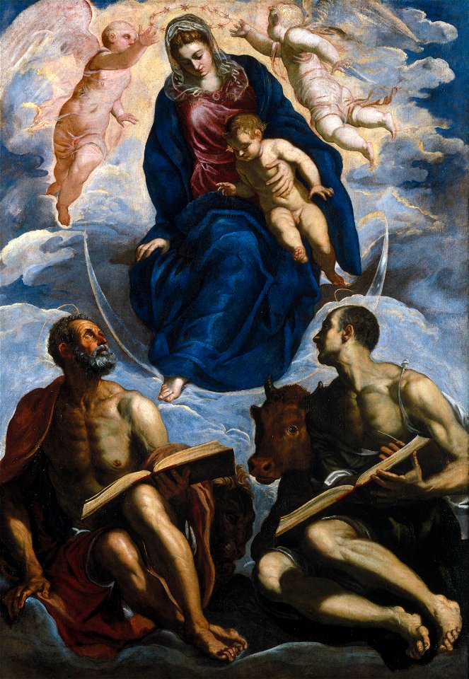 Tintoretto - Mary with the Child, Venerated by St. Marc and St. Luke - Google Art Project