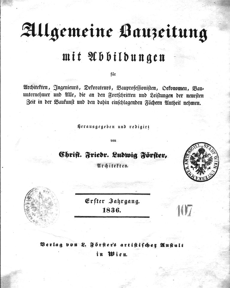 Titelblatt der Allgemeinen Bauzeitung (erste Ausgabe von 1836)