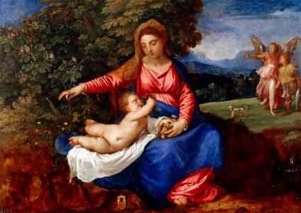 Titian (c.1488-Venice 1576) and Workshop - Madonna and Child in a Landscape with Tobias and the Angel - RCIN 402863 - Royal Collection. Free illustration for personal and commercial use.