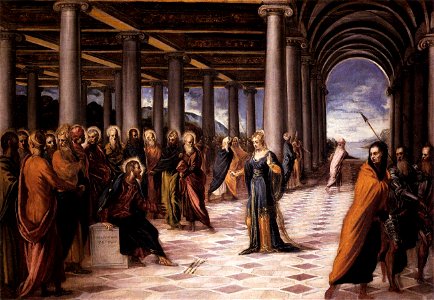 Jacopo Tintoretto - Christ and the Woman Taken in Adultery - WGA22436. Free illustration for personal and commercial use.