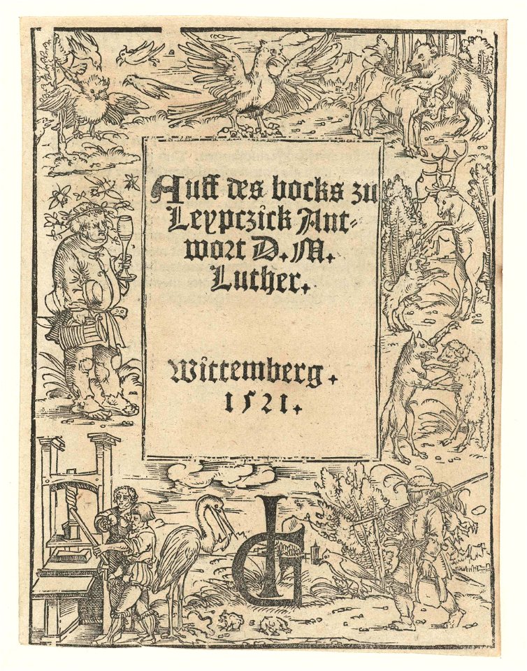 Titelomlijsting met drukpers, jager, vogels en dieren