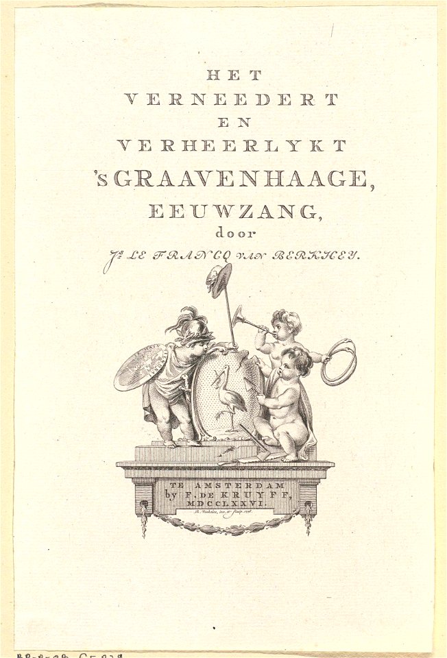 Titelpagina voor- J. le Francq van Berkhey, 'Het verneedert en verheerlykt 'sGraavenhaage, eeuwzang', 1776