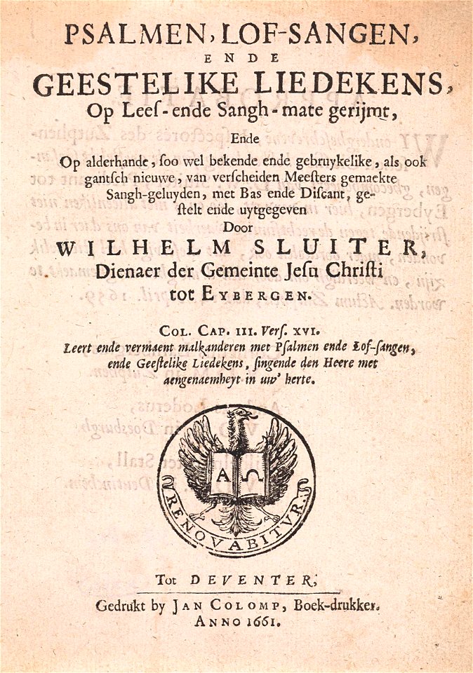 Titelpagina voor- Willem Sluiter, Psalmen, lof-sangen, ende geestelike liedekens, 1661
