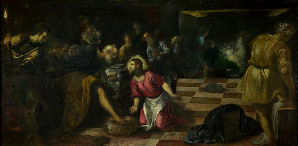 Tintoretto, Jacopo - Christ washing the Feet of the Disciples - National Gallery London. Free illustration for personal and commercial use.