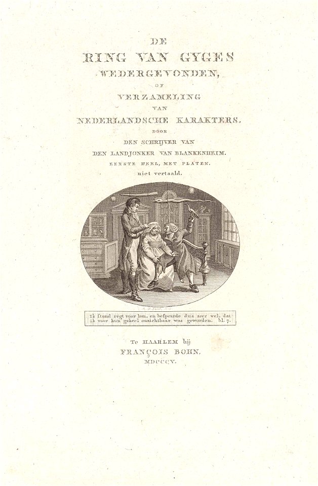Titelpagina voor- Wilhelmus Kist,'De ring van Gyges wedergevonden, of Verzameling van Nederlandsche karakters', 1805