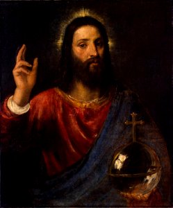 Titian, Salvator Mundi (Christ Blessing), c. 1570, oil on canvas, 96 x 80 cm, Hermitage Museum. Free illustration for personal and commercial use.