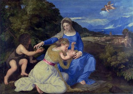 Titian - The Virgin and Child with the Infant Saint John and a Female Saint or Donor ('The Aldobrandini Madonna') - Google Art ProjectFXD. Free illustration for personal and commercial use.