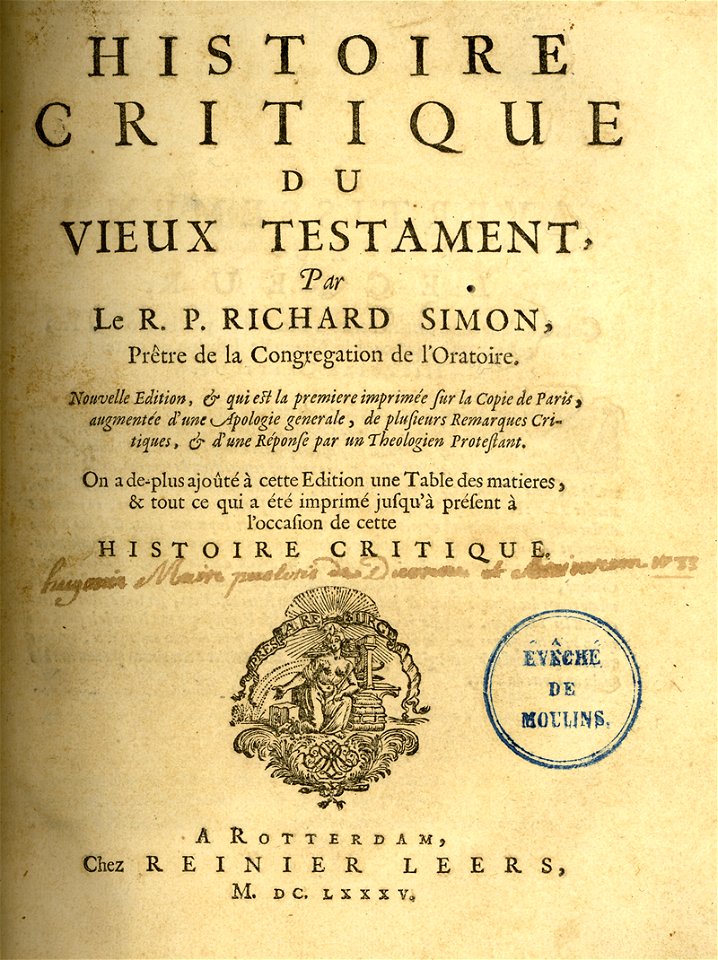 Title page of the Histoire critique du vieux testament by Richard Simon