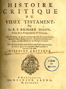 Title page of the Histoire critique du vieux testament by Richard Simon