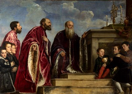 Titian and workshop - The Vendramin Family, venerating a Relic of the True Cross - Google Art Project