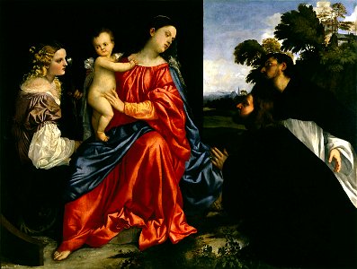 Titian Madonna and Child with Sts Catherine and Dominic and a Donor. Free illustration for personal and commercial use.