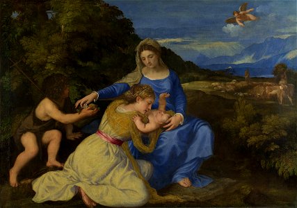 Titian - The Virgin and Child with the Infant Saint John and a Female Saint or Donor ('The Aldobrandini Madonna') - Google Art Project. Free illustration for personal and commercial use.
