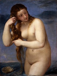 TITIAN - Venus Anadyomene (National Galleries of Scotland, c. 1520. Oil on canvas, 75.8 x 57.6 cm). Free illustration for personal and commercial use.