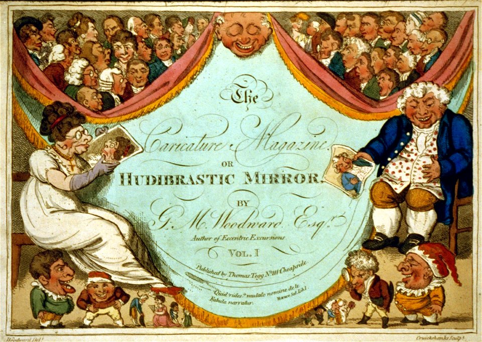 Title page of George Murgatroyd Woodward, The Caricature Magazine or Hudibrastic Mirror, with a laughing mask of John Bull type, flanked by a woman and a man seated and lauging, both ugly LCCN2002715340