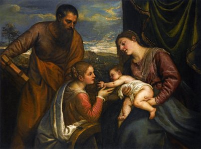 Titian, Sacra Conversazione, The Madonna and Child with Saints Luke and Catherine of Alexandria. Free illustration for personal and commercial use.