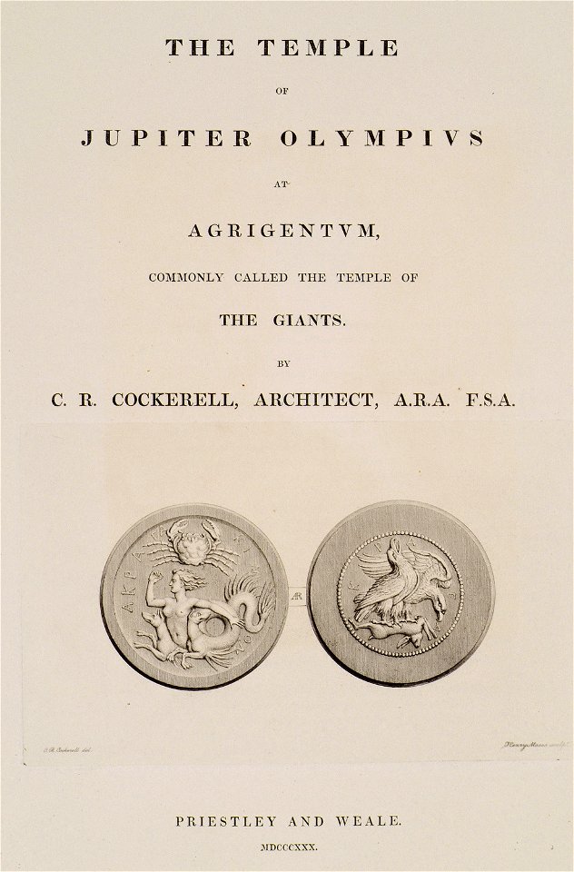 Title page of the first part of the book Tetradrachm from Agrigento, Sicily Obv Skylla - Cockerell Charles Robert & Kinnard William & Donaldson Thomas Leverton & Jenkins William & Railton William - 1830