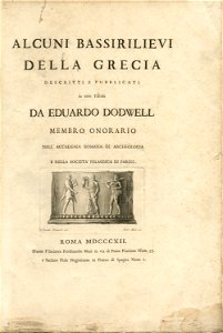 Title page Ancient relief, most possibly from the mouth of a well (puteale), depicting Heracles, Athena, Apollo and Art - Dodwell Edward - 1812