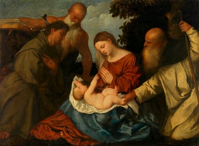 Tiziano, Francesco Vecellio, Adoration of the Child among saints. Free illustration for personal and commercial use.