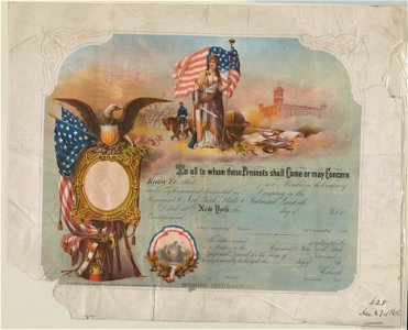 To all to whom these presents shall come or may concern know ye, that (blank) is a member in the Company under my command designated as (blank) Company in the (blank) Regiment New York State LCCN2017646685