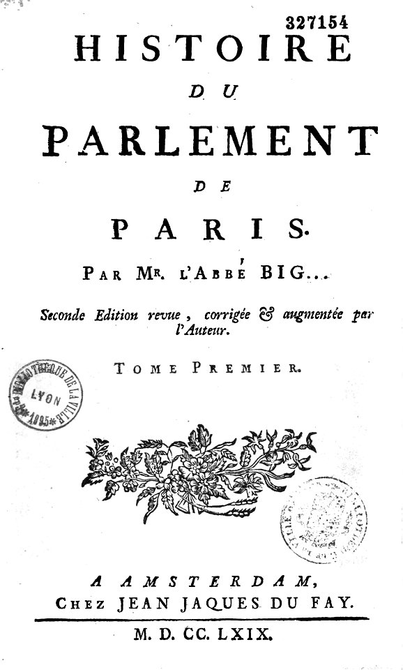 Title page Voltaire Histoire du Parlement de Paris
