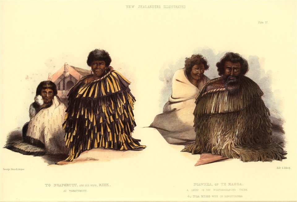 TO NGAPORUTU AND HIS WIFE, RIHE. AT WAKATUMUTU. NGAWHEA, OF TE MAHOA. A CHIEF OF THE NGATIMANIAPOTO TRIBE & NGA MIHO, WIFE OF RANGITUATAEA, The New Zealanders Illustrated, 1847