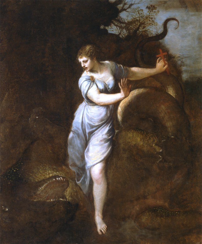 Tiziano - Santa Margherita d'Antiochia sottomette il drago con la croce, Monasterio de El Escorial, 1550 ca. - 1555 ca