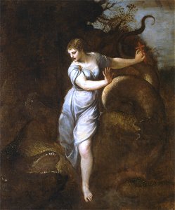 Tiziano - Santa Margherita d'Antiochia sottomette il drago con la croce, Monasterio de El Escorial, 1550 ca. - 1555 ca