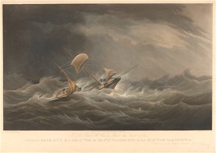 To Sir Simon H Clarke, Bart. this Print of his Schooner Kate, R.Y.S. in a Gale of Wind on the 4th of November 1840 - is Dedicated by - W.J. Huggins RMG PY8653. Free illustration for personal and commercial use.