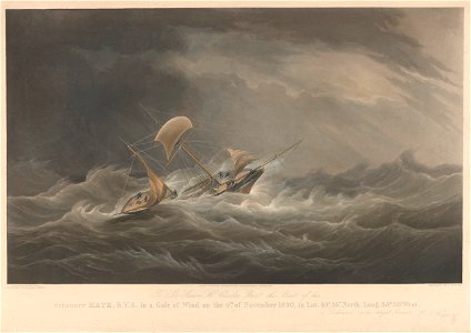To Sir Simon H Clarke, Bart. this Print of his Schooner Kate, R.Y.S. in a Gale of Wind on the 4th of November 1840 - is Dedicated by - W.J. Huggins RMG PY8653