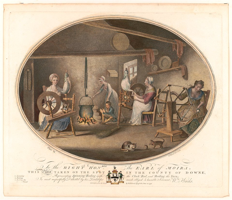 To the right hon'able the Earl of Moira, this plate, taken on the spot in the County of Downe, representing spinning, reeling with the clock reel, and boiling the yarn; is most respectfully LCCN2003674103