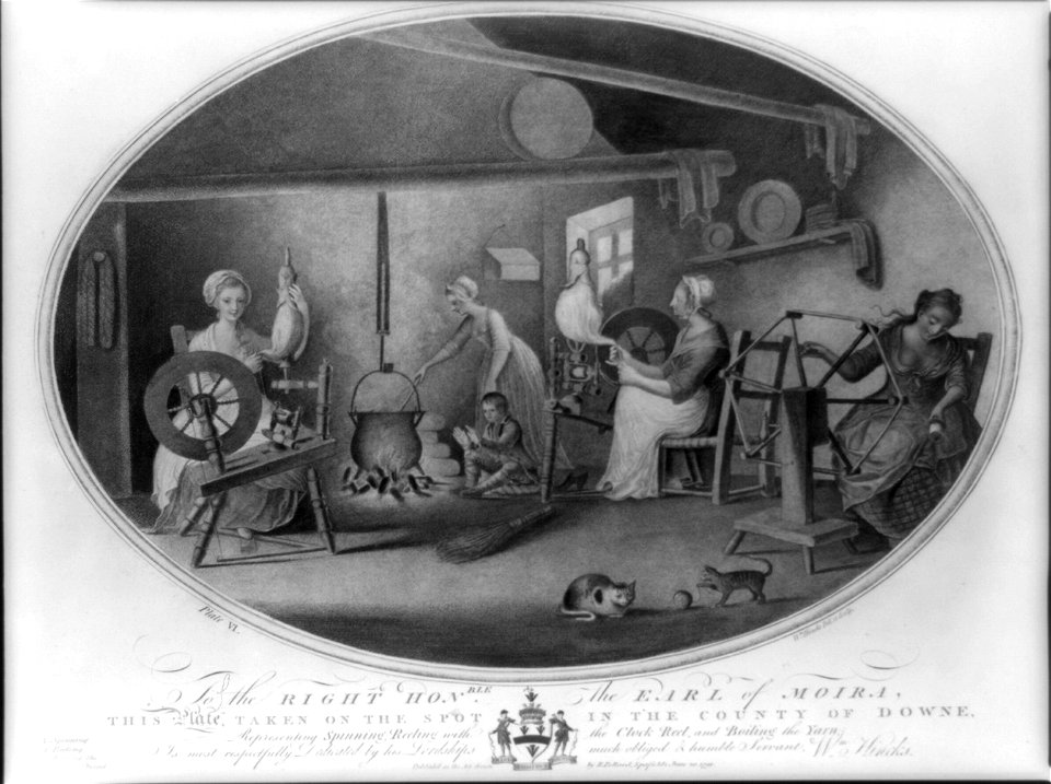 To the right hon'able the Earl of Moira, this plate, taken on the spot in the County of Downe, representing spinning, reeling with the clock reel, and boiling the yarn; is most respectfully dedicated LCCN2003674103