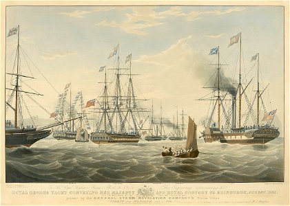 To - Prince Albert - This engraving represents the 'Royal George' Yacht conveying her Majesty and Royal Consort to Edinburgh, August, 1842 Off the Bass Rock - joined by General Steam Navigation - Ships 'Trident' and RMG PY8904
