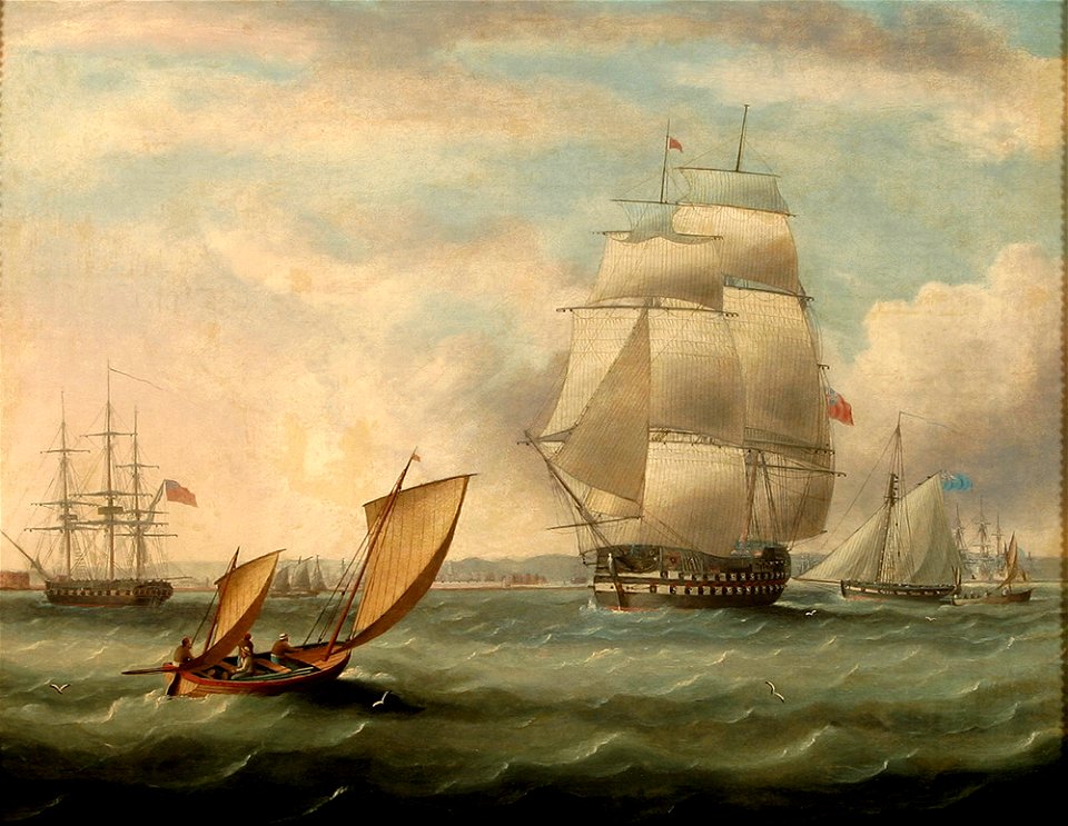 To Trafalgar - Victory and HMS Eurylaus, by Thomas Buttersworth