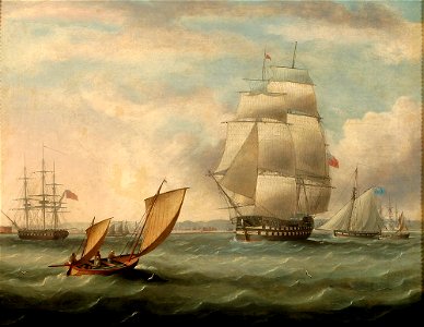 To Trafalgar - Victory and HMS Eurylaus, by Thomas Buttersworth