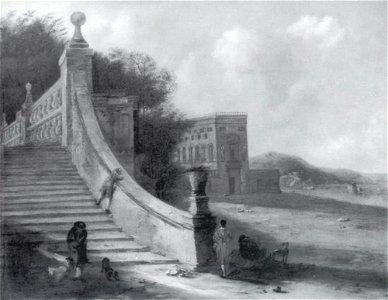Toegeschreven aan Johann Wilhelm Baur - Kasteel met trap aan een meer - 1428 - Städel Museum. Free illustration for personal and commercial use.