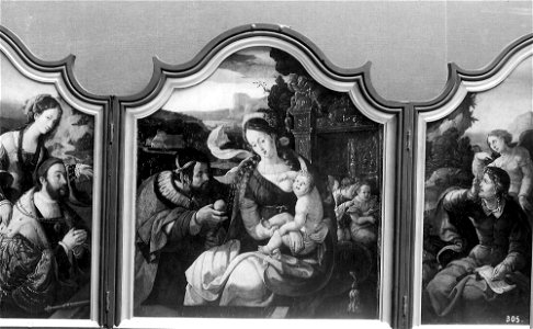 Toegeschreven aan Aertgen Claesz. van Leyden - Graaf Hendrik III van Nassau als keizer Augustus met de Tiburtijnse Sibille (links), de H. Familie ( - 977-979 - Royal Museum of Fine Arts Antwerp